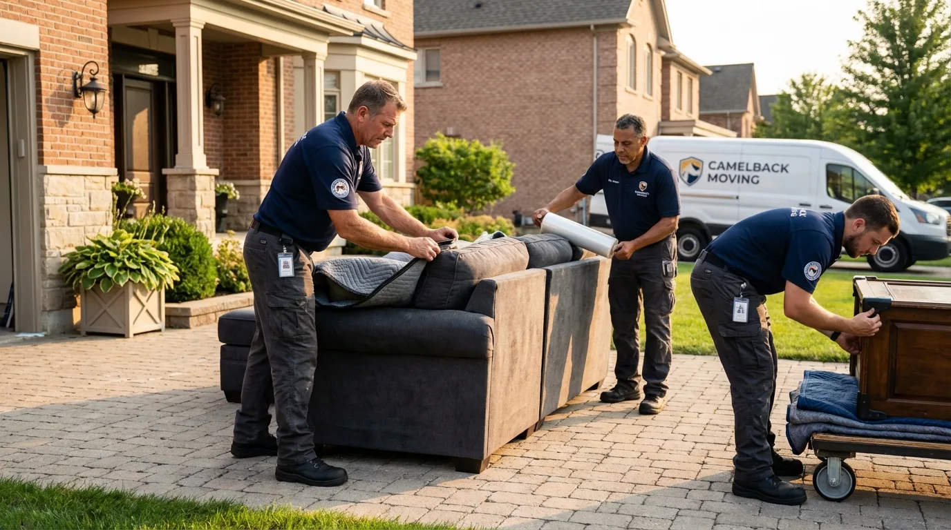 Large estate moving crew wrapping furniture in Selden, NY