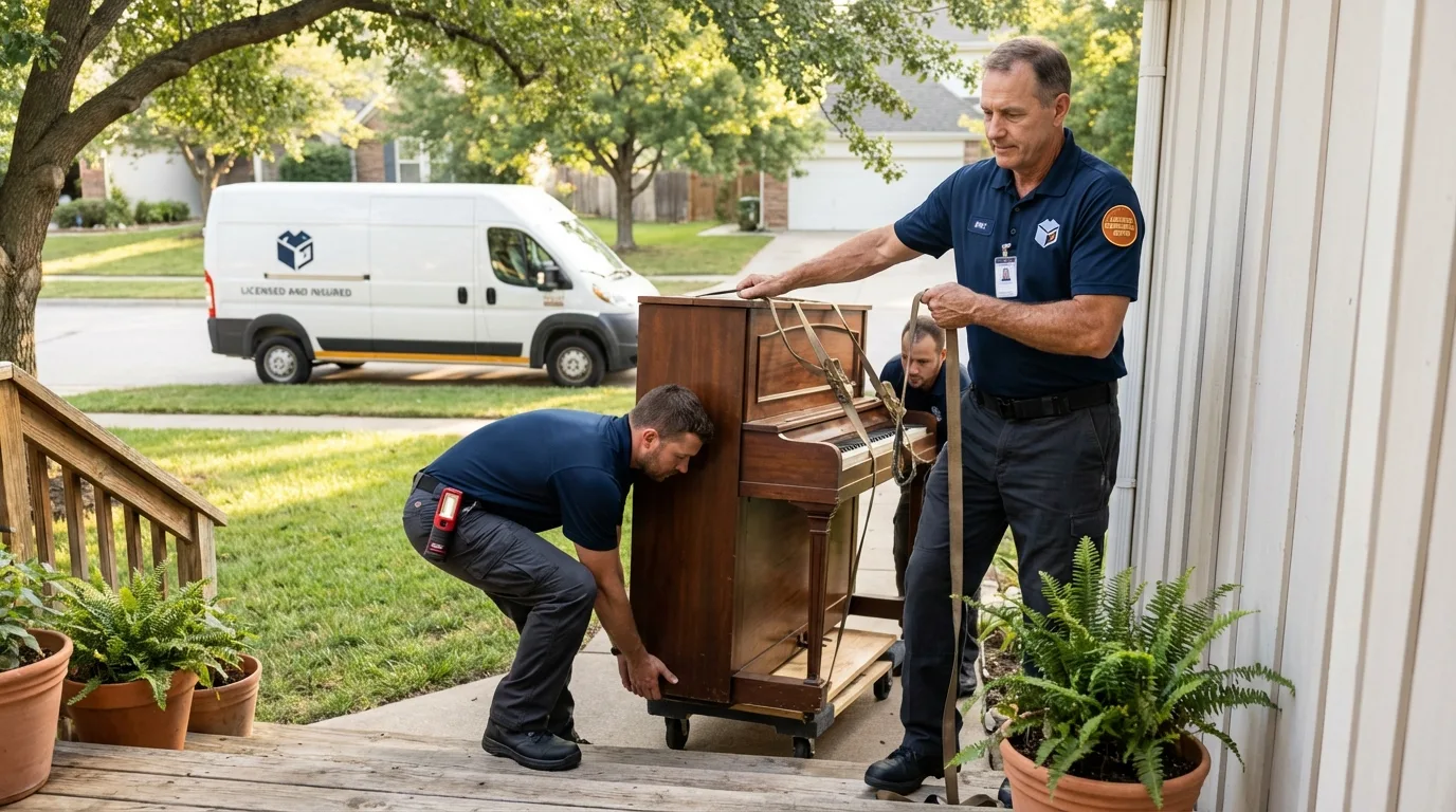 Licensed piano movers securing grand piano in Selden, NY
