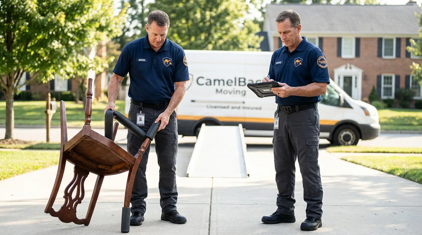 Movers inspecting furniture for damage prevention before loading in Selden, NY