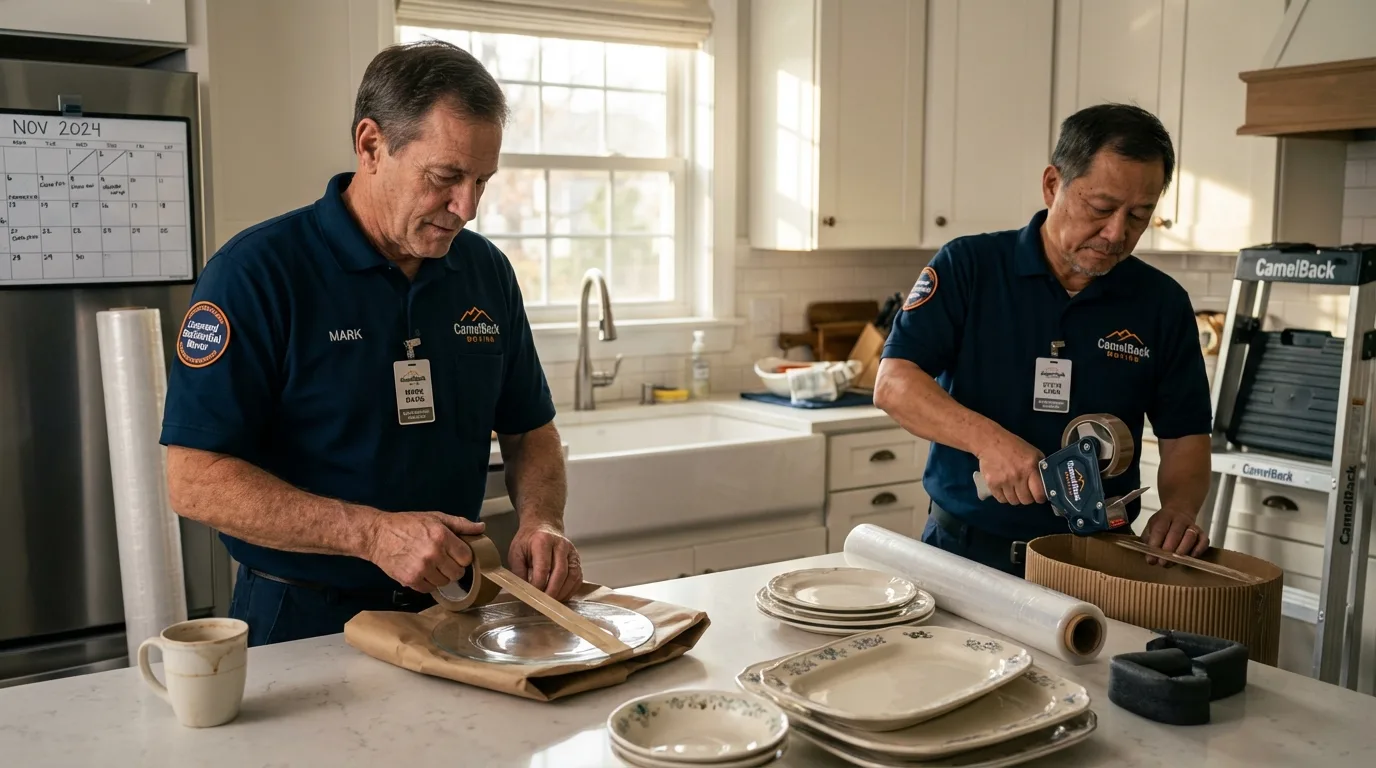 Professional crew packing kitchen dishware in Selden, NY
